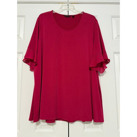 Every Day by Susan Graver Pink Liquid Knit Peplum Tunic w/ Chiffon Ruffles, 4X - Picture 1 of 5